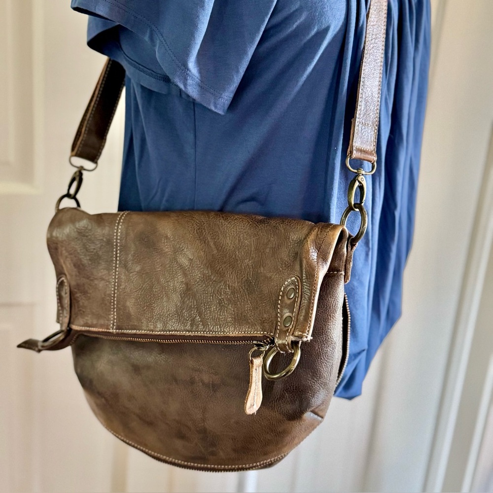 Bed Stu Tahiti Fold Over Brown Leather Crossbody Bag with Vintage Finish